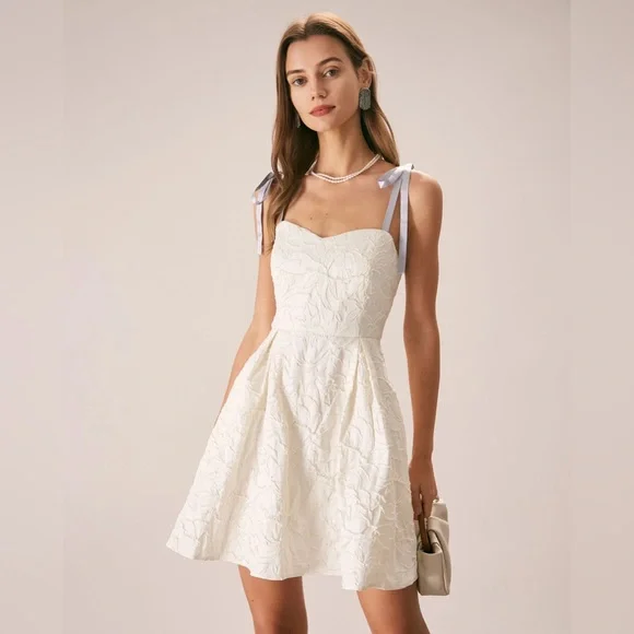 Rihoas Off White Jacquard Tie Strap Mini Dress - Picture 1 of 9
